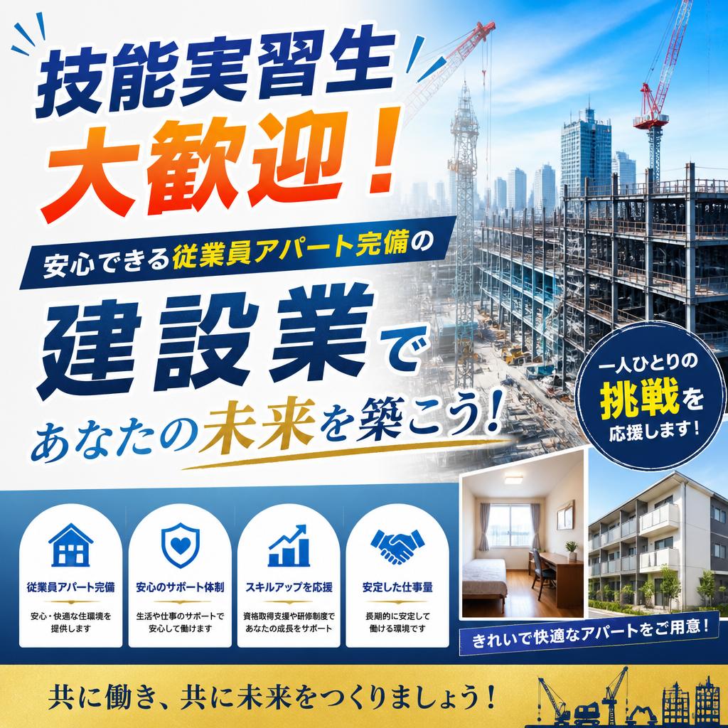 技能実習生大歓迎！安心できる従業員アパート完備の建設業であなたの未来を築こう！