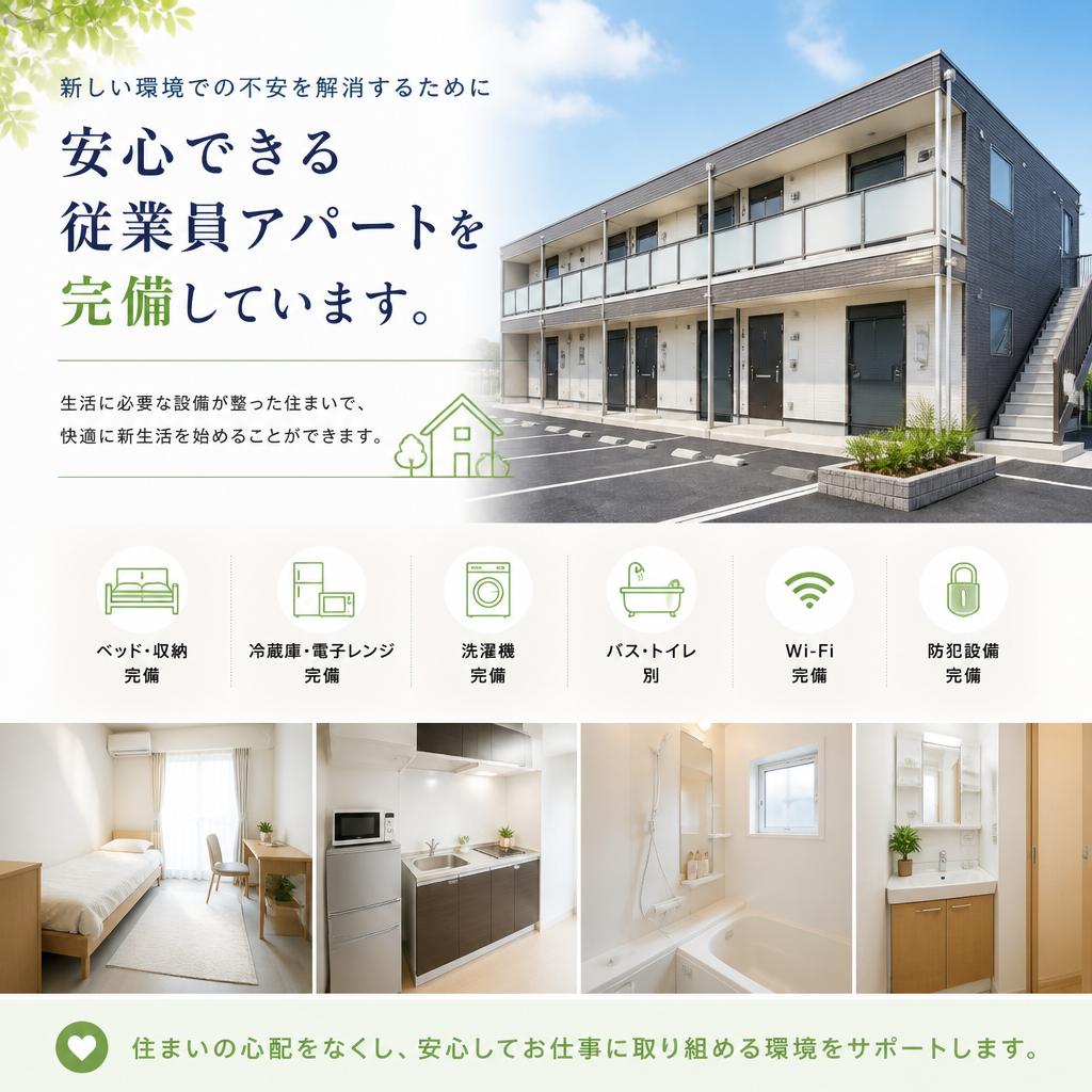 充実した従業員アパートで新生活スタート