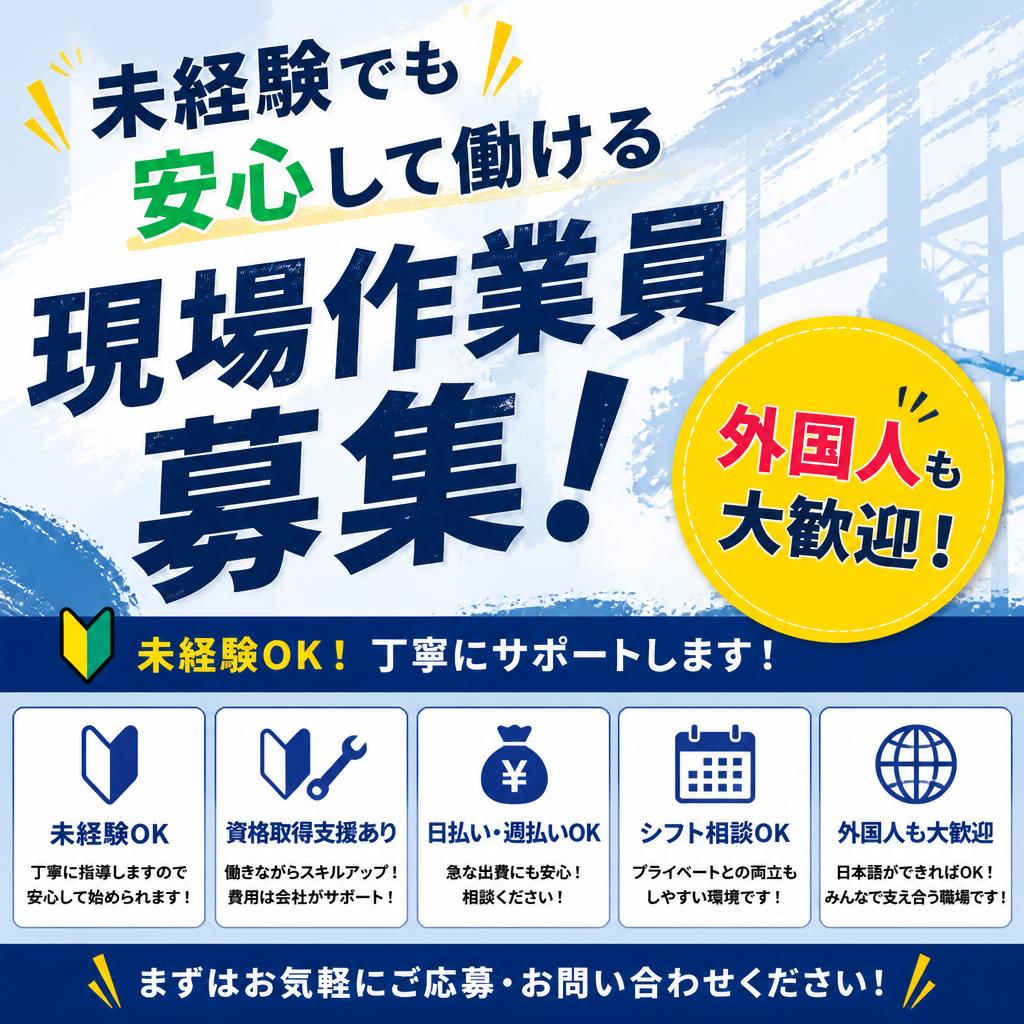 未経験でも安心して働ける現場作業員募集！外国人も大歓迎！