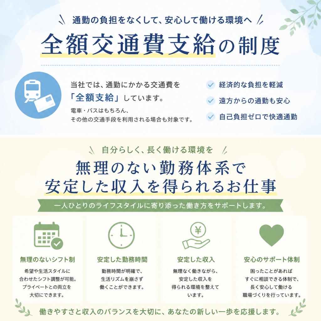 交通費全額支給 & 安定した勤務